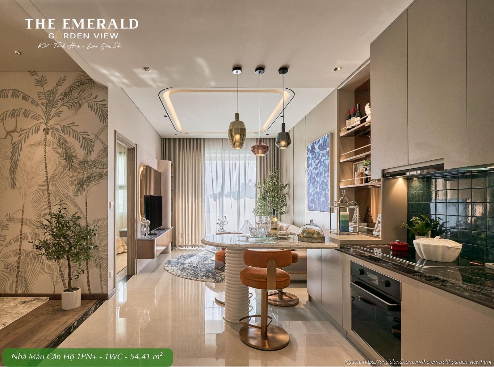 Thiết kế khu vực bếp hiện đại nhà mẫu căn hộ 1 phòng ngủ cộng diện tích 54.41m2 The Emerald Garden View