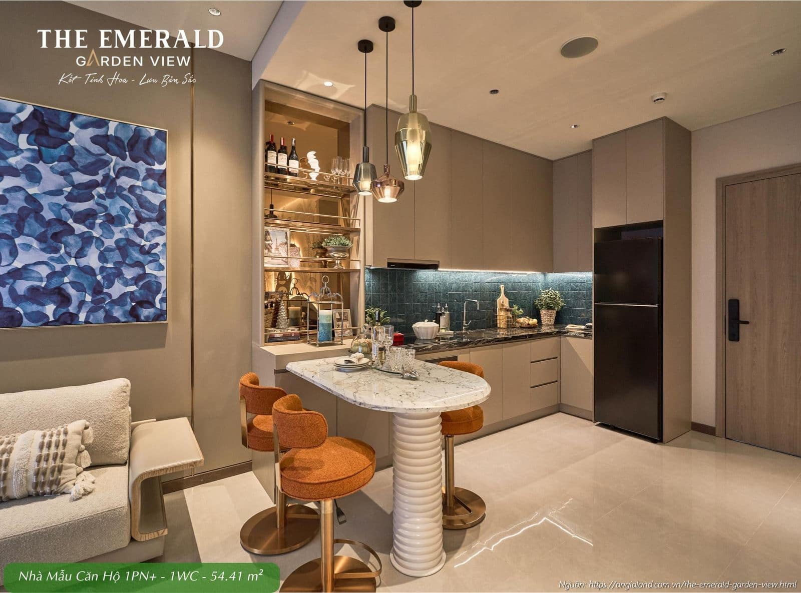 Thiết kế khu vực bếp hiện đại nhà mẫu căn hộ 1 phòng ngủ cộng diện tích 54.41m2 The Emerald Garden View