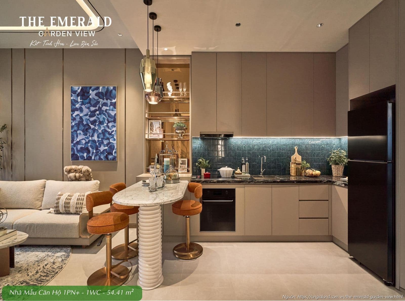 Thiết kế khu vực bếp hiện đại nhà mẫu căn hộ 1 phòng ngủ cộng diện tích 54.41m2 The Emerald Garden View