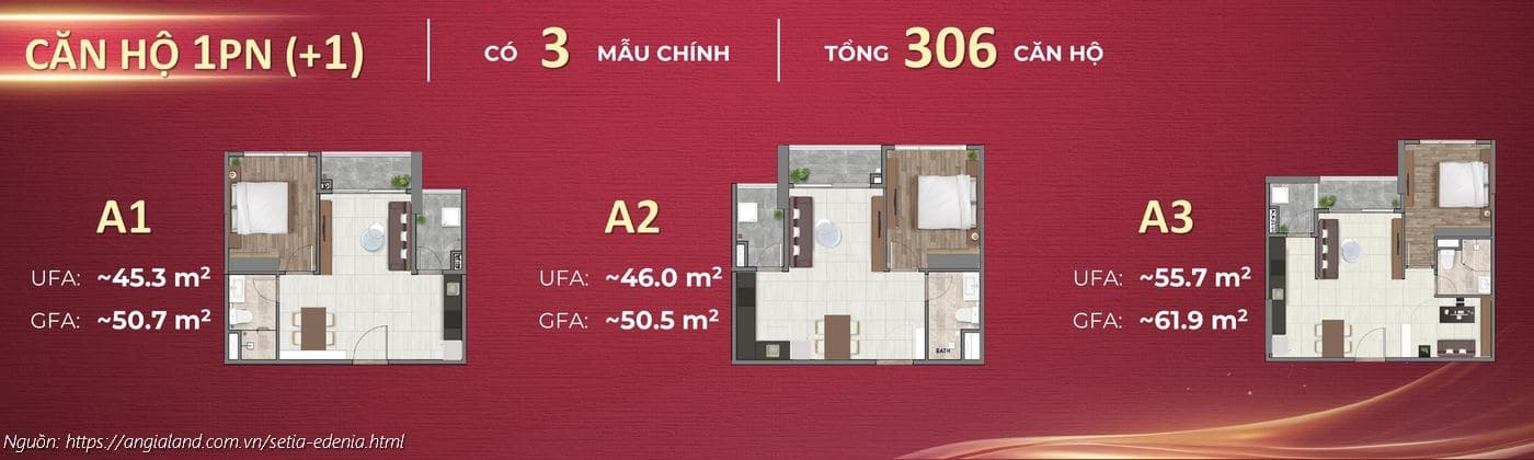 Mặt bằng căn hộ 1PN & 1PN+1 (1 phòng ngủ) dự án Setia Edenia (Loại A1: ~50.7m², A2: ~50.5m², A3: ~61.9m²) Mặt bằng căn hộ 1PN & 1PN+1 (1 phòng ngủ) dự án Setia Edenia (Loại A1: ~50.7m², A2: ~50.5m², A3: ~61.9m²)