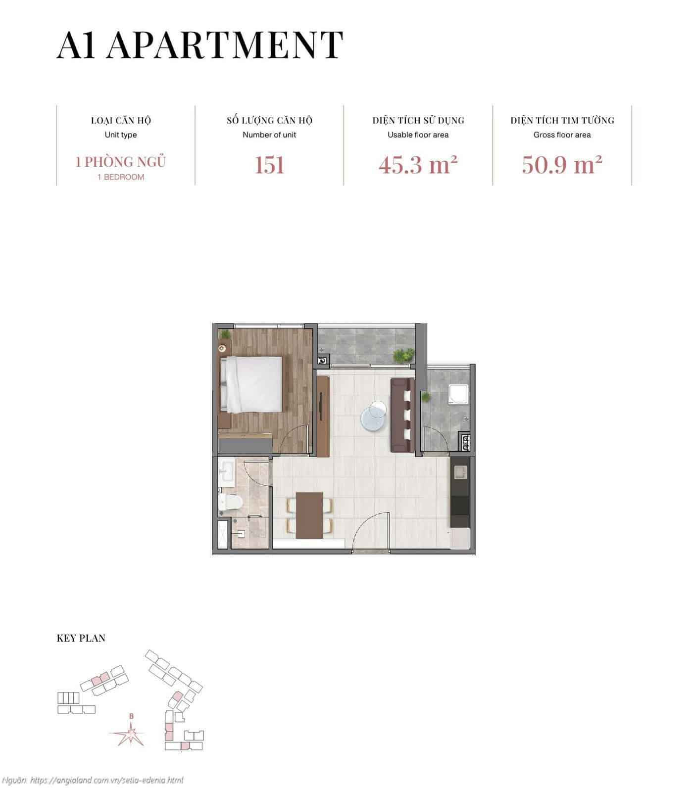 Mat Bang Can Ho 1pn A1 50 9m2 Du An Setia Edenia Lai Thieu Mặt bằng căn hộ 1 phòng ngủ loại A1, diện tích 50.9m² (tim tường) - dự án Setia Edenia Lái Thiêu
