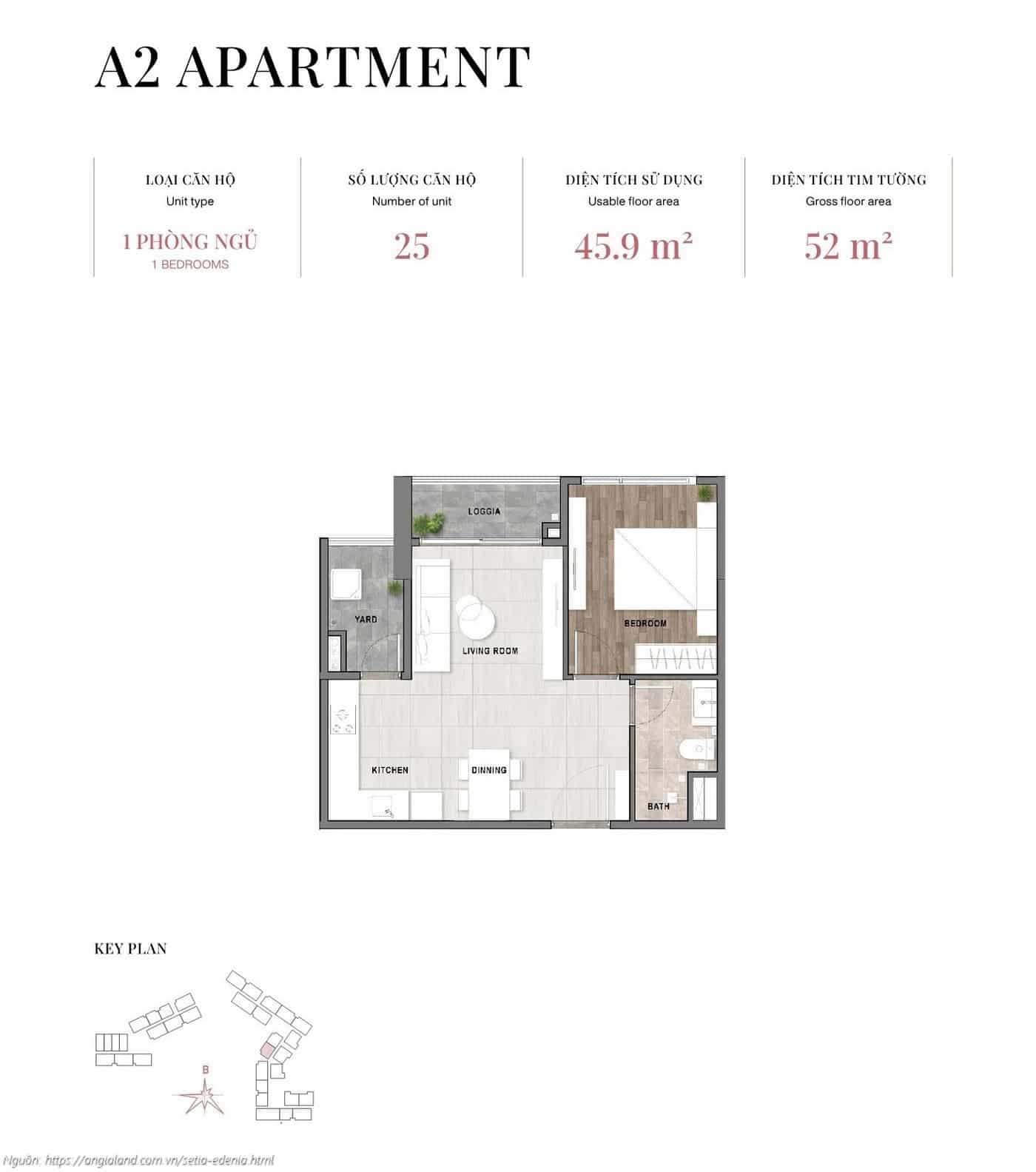 Mặt bằng căn hộ 1 phòng ngủ loại A2, diện tích 52m² (tim tường) - dự án Setia Edenia Lái Thiêu Mặt bằng căn hộ 1 phòng ngủ loại A2, diện tích 52m² (tim tường) - dự án Setia Edenia Lái Thiêu
