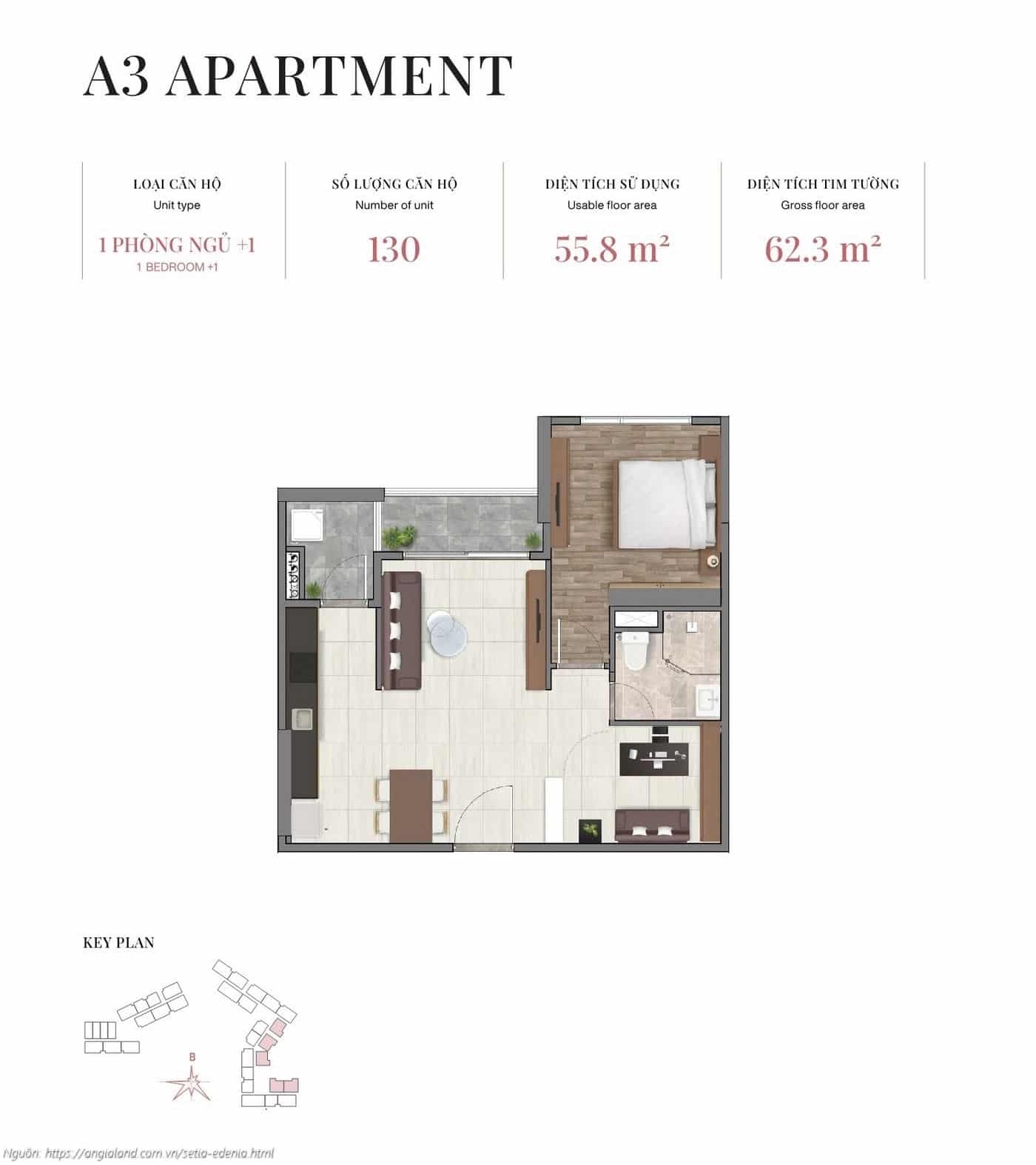 Mat Bang Can Ho 1pn Plus A3 62 3m2 Du An Setia Edenia Lai Thieu Mặt bằng căn hộ 1 phòng ngủ +1 loại A3, diện tích 62.3m² (tim tường) - dự án Setia Edenia Lái Thiêu