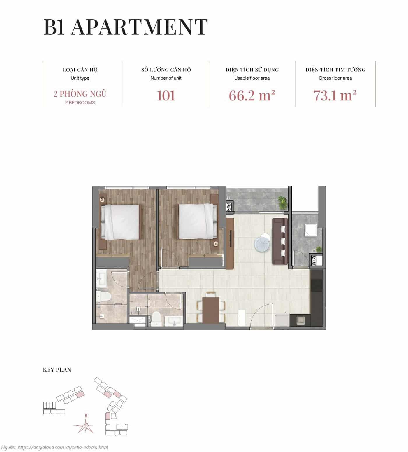 Mặt bằng căn hộ 2 phòng ngủ loại B1, diện tích 73.1m² (tim tường) - dự án Setia Edenia Lái Thiêu Mặt bằng căn hộ 2 phòng ngủ loại B1, diện tích 73.1m² (tim tường) - dự án Setia Edenia Lái Thiêu