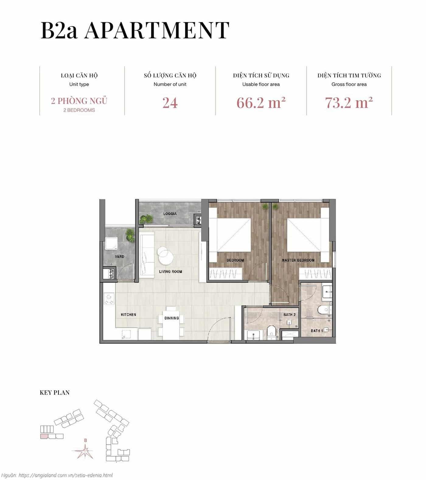 Mặt bằng căn hộ 2 phòng ngủ loại B2a, diện tích 73.2m² (tim tường) - dự án Setia Edenia Lái Thiêu Mặt bằng căn hộ 2 phòng ngủ loại B2a, diện tích 73.2m² (tim tường) - dự án Setia Edenia Lái Thiêu