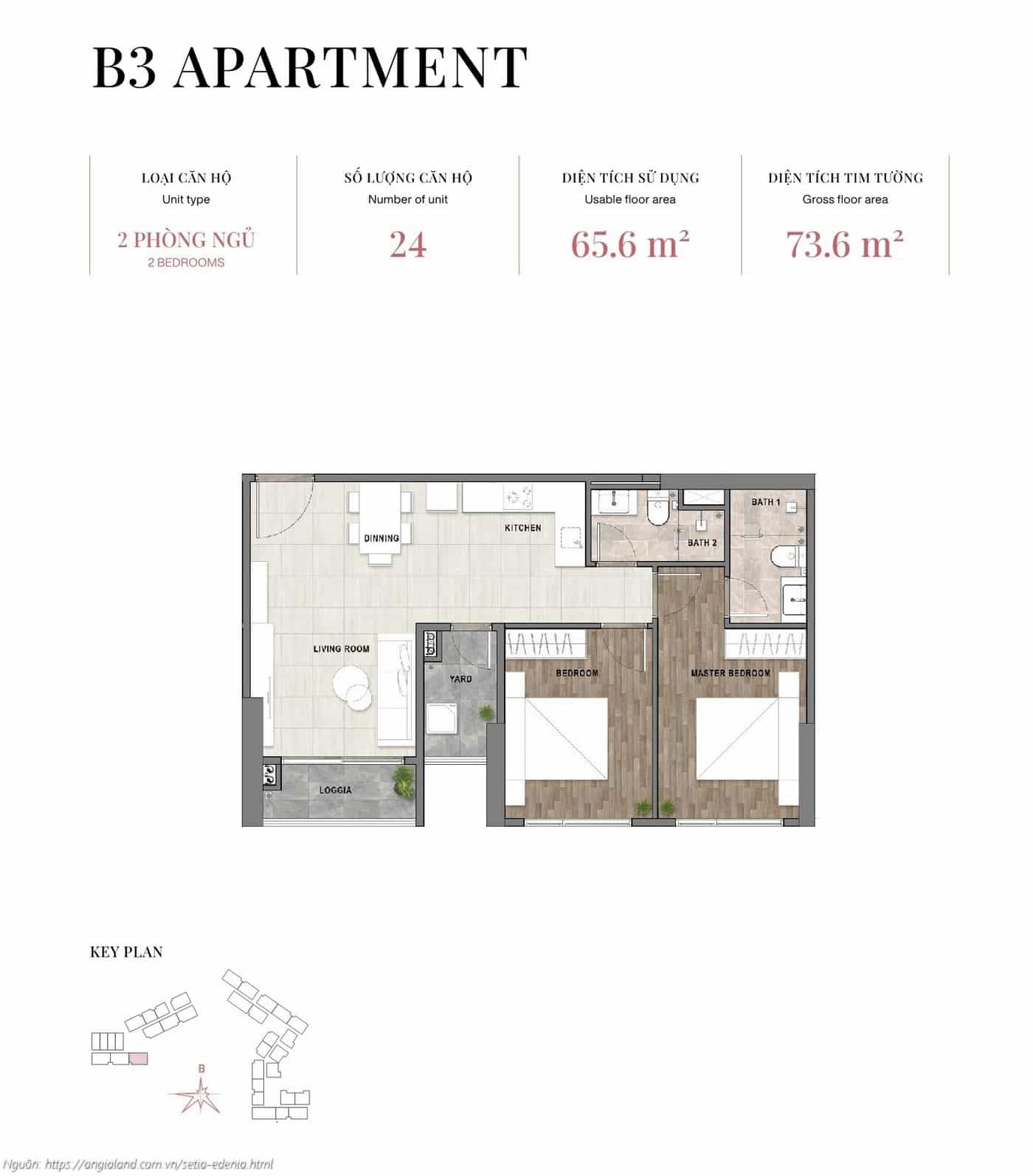 Mặt bằng căn hộ 2 phòng ngủ loại B3, diện tích 73.6m² (tim tường) - dự án Setia Edenia Lái Thiêu Mặt bằng căn hộ 2 phòng ngủ loại B3, diện tích 73.6m² (tim tường) - dự án Setia Edenia Lái Thiêu