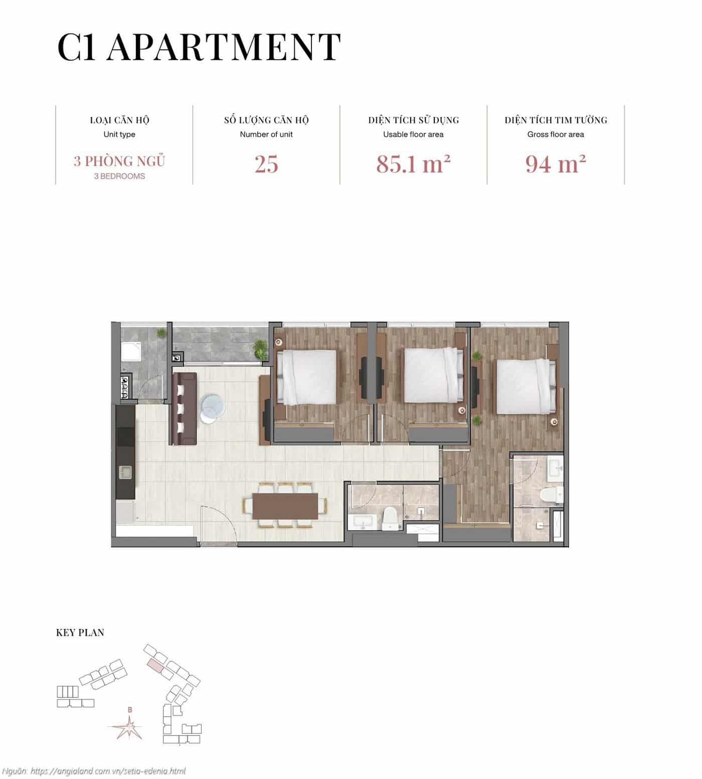 Mặt bằng căn hộ 3 phòng ngủ loại C1, diện tích 94m² (tim tường) - dự án Setia Edenia Lái Thiêu Mặt bằng căn hộ 3 phòng ngủ loại C1, diện tích 94m² (tim tường) - dự án Setia Edenia Lái Thiêu