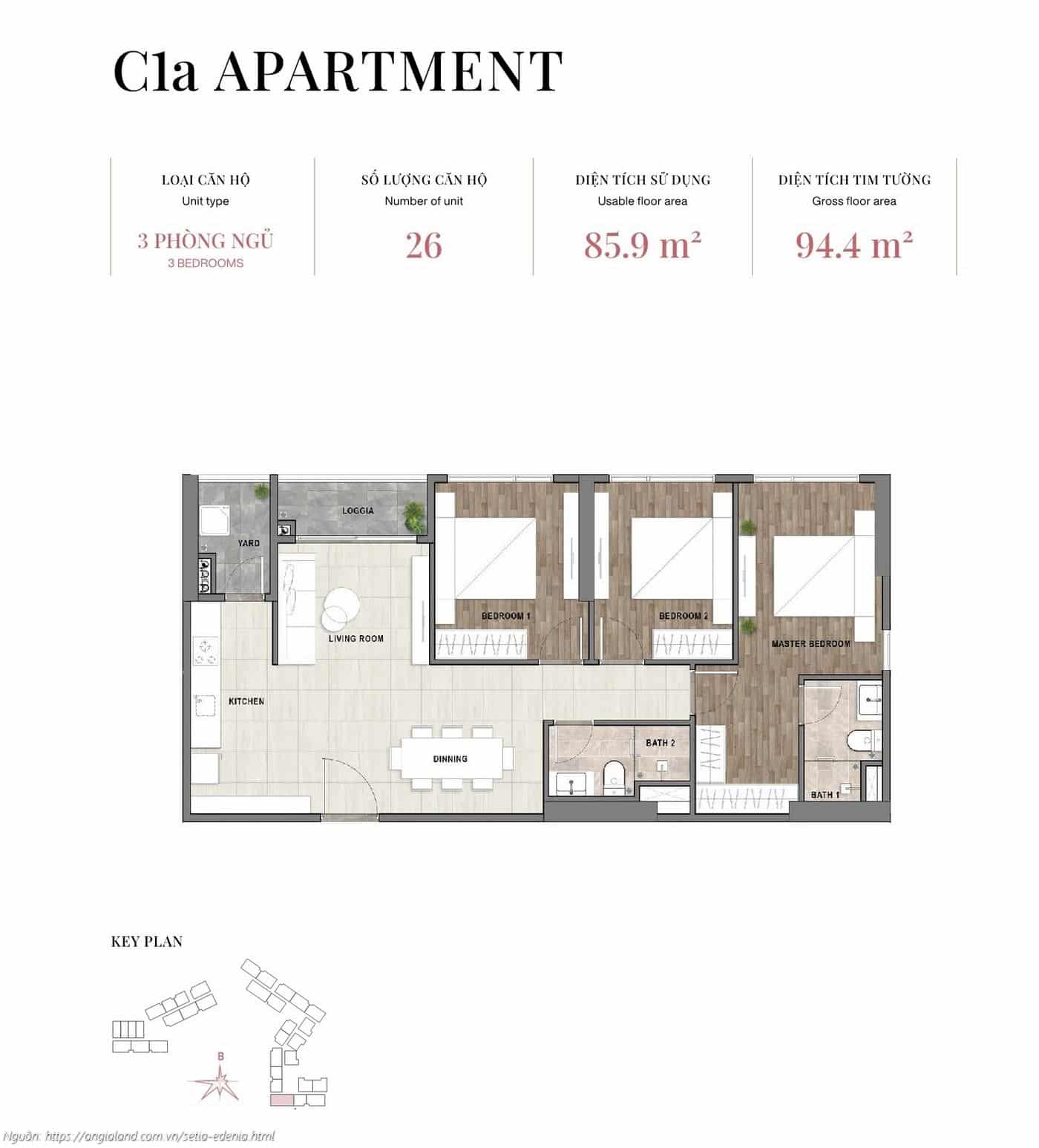 Mặt bằng căn hộ 3 phòng ngủ loại C1a, diện tích 94.4m² (tim tường) - dự án Setia Edenia Lái Thiêu Mặt bằng căn hộ 3 phòng ngủ loại C1a, diện tích 94.4m² (tim tường) - dự án Setia Edenia Lái Thiêu