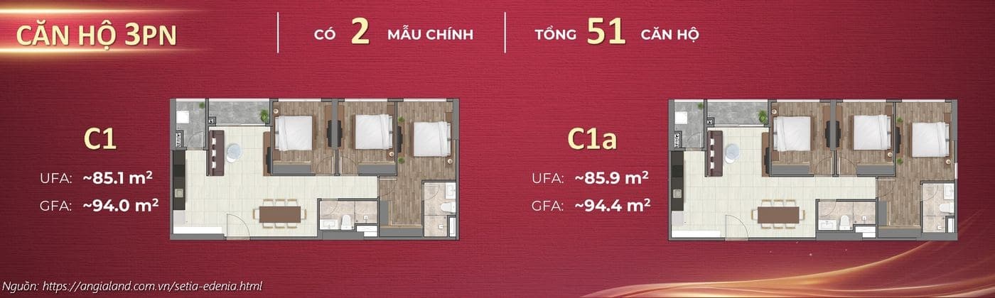 Mặt bằng căn hộ 3PN (3 phòng ngủ) dự án Setia Edenia (Loại C1: ~94.0m², C1a: ~94.4m²) Mặt bằng căn hộ 3PN (3 phòng ngủ) dự án Setia Edenia (Loại C1: ~94.0m², C1a: ~94.4m²)