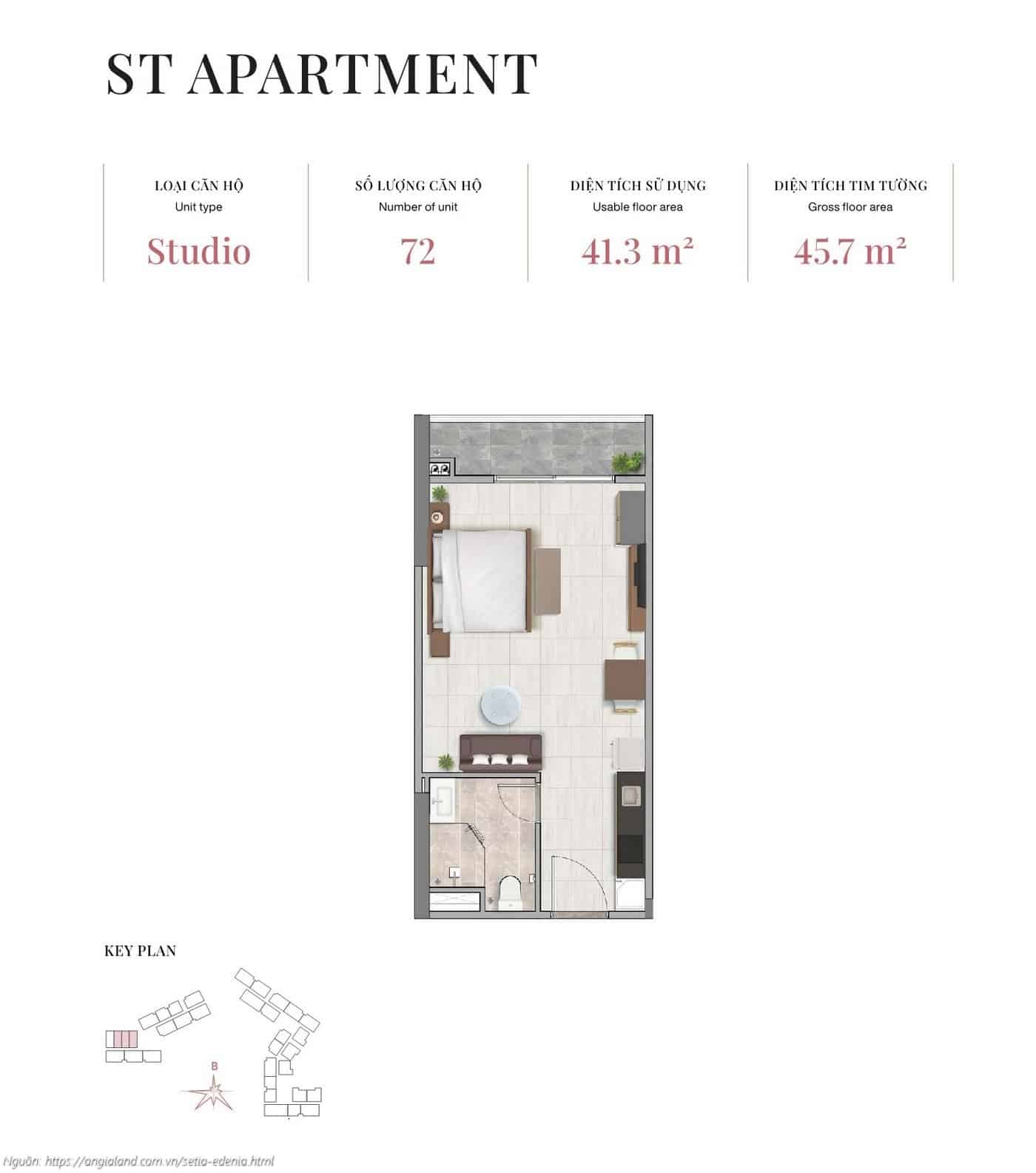 Mặt bằng căn hộ Studio loại ST, diện tích 45.7m² (tim tường) - dự án Setia Edenia Lái Thiêu Mặt bằng căn hộ Studio loại ST, diện tích 45.7m² (tim tường) - dự án Setia Edenia Lái Thiêu
