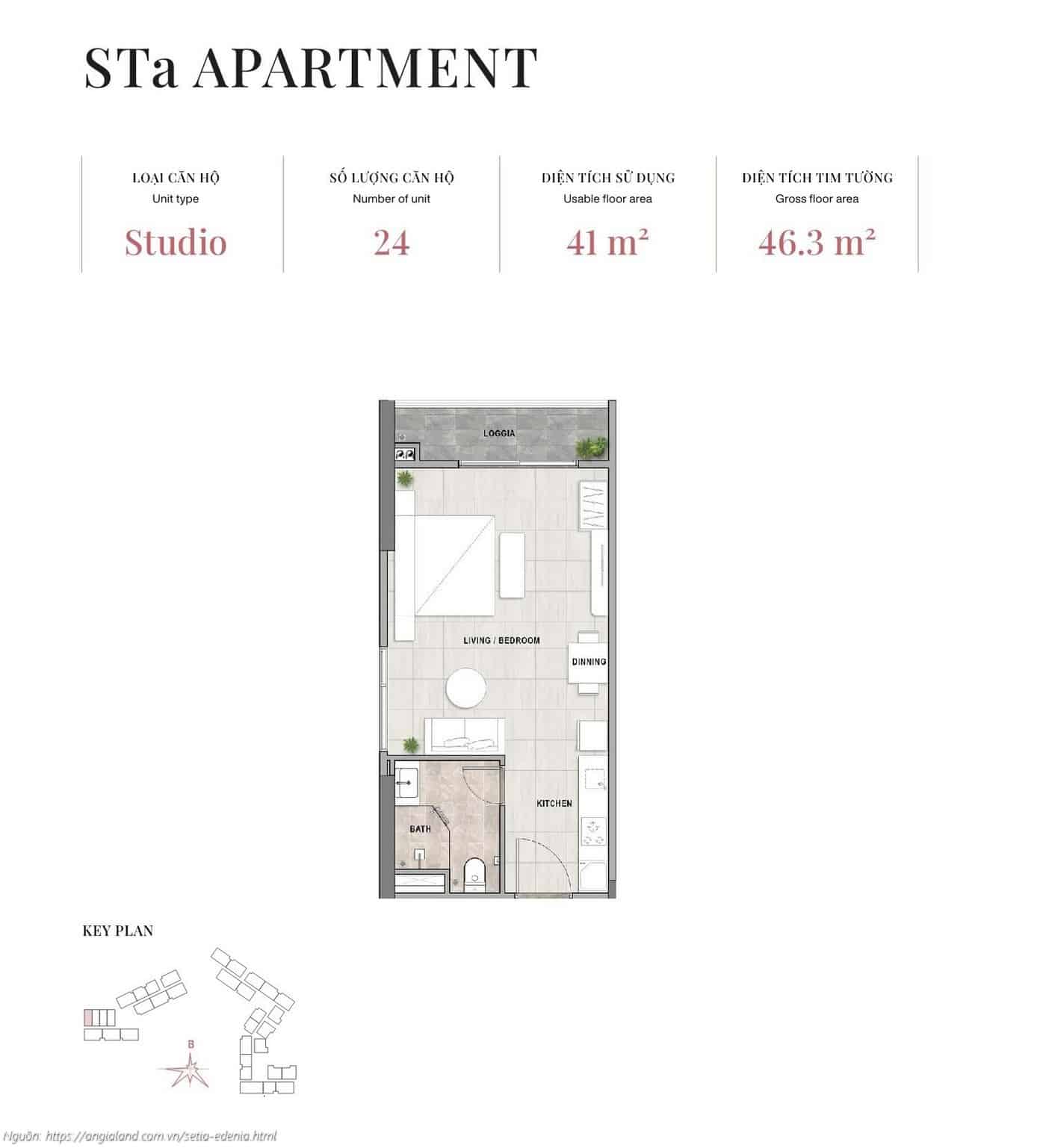 Mặt bằng căn hộ Studio loại STa, diện tích 46.3m² (tim tường) - dự án Setia Edenia Lái Thiêu Mặt bằng căn hộ Studio loại STa, diện tích 46.3m² (tim tường) - dự án Setia Edenia Lái Thiêu