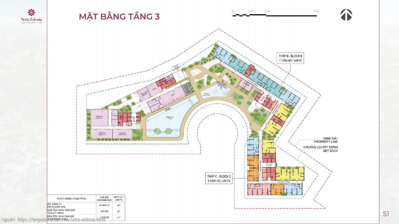 Mặt bằng tầng 3 (Tầng tiện ích) dự án Setia Edenia Lái Thiêu (Hồ bơi, Gym, Spa, Sảnh lễ tân)