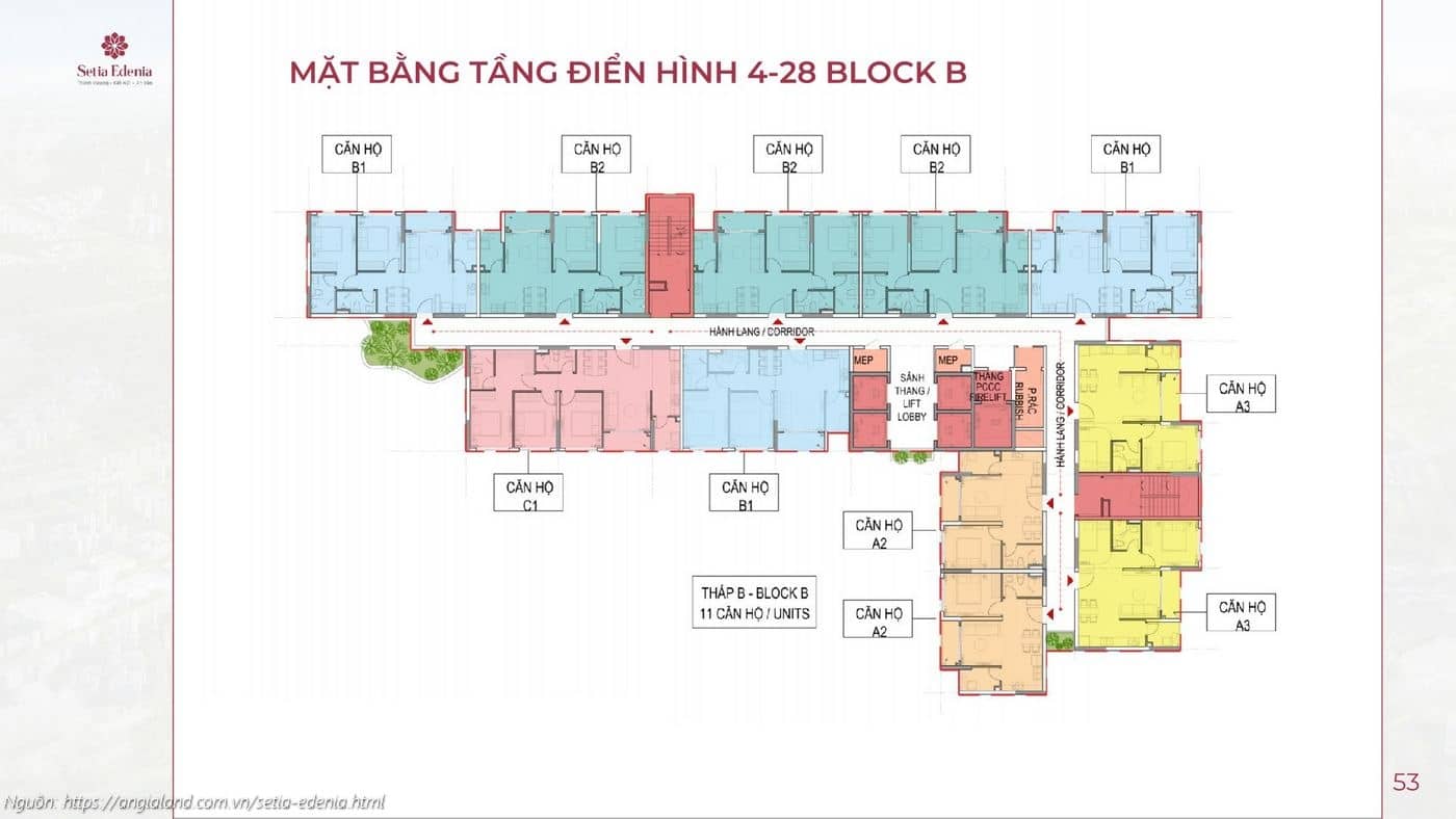 Mặt bằng tầng điển hình 4-28 Block B dự án Setia Edenia Lái Thiêu (11 căn hộ/tầng)