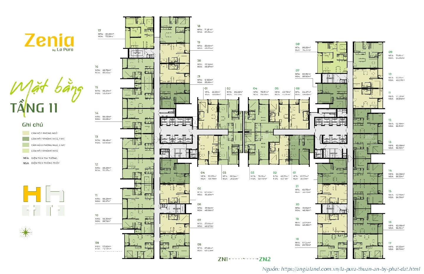 Mặt bằng tầng tháp Zenia (Zanica) dự án La Pura (Lapura) Phát Đạt - Tầng 11