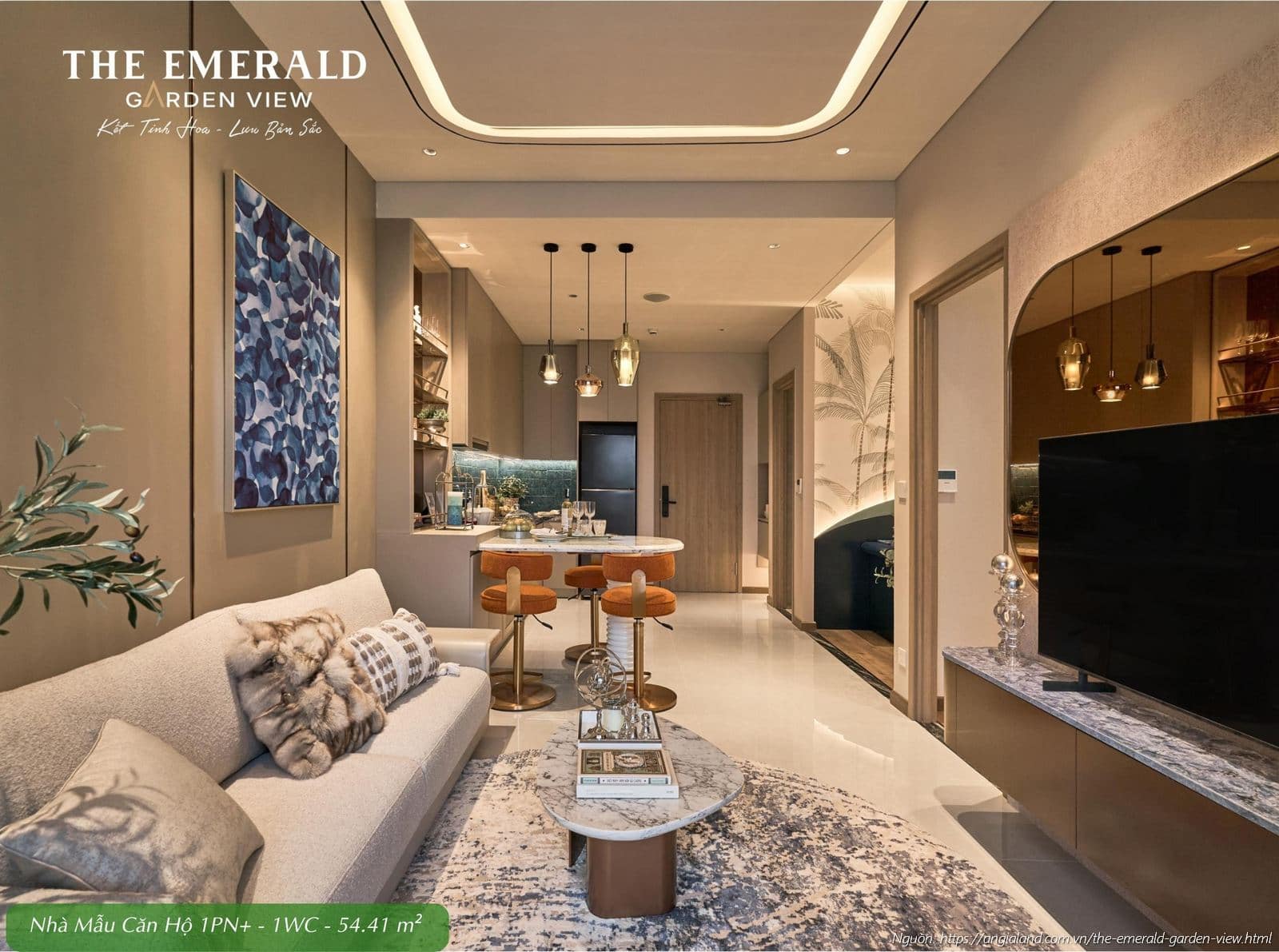 Nội thất phòng khách sang trọng tại nhà mẫu căn hộ 1 phòng ngủ cộng diện tích 54.41m2 The Emerald Garden View