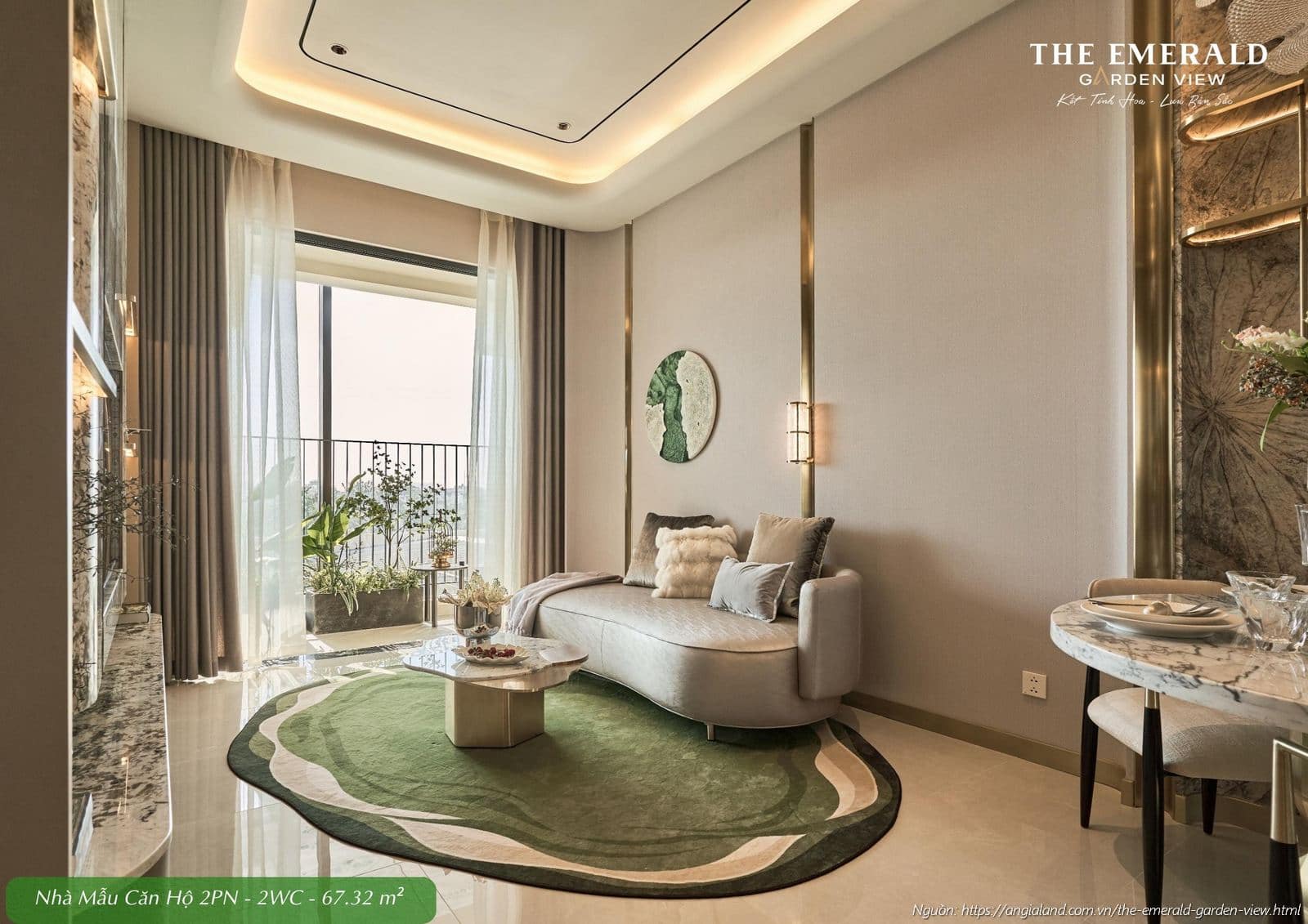 Không gian phòng khách rộng rãi nhà mẫu căn hộ 2 phòng ngủ diện tích 67.32m2 The Emerald Garden View