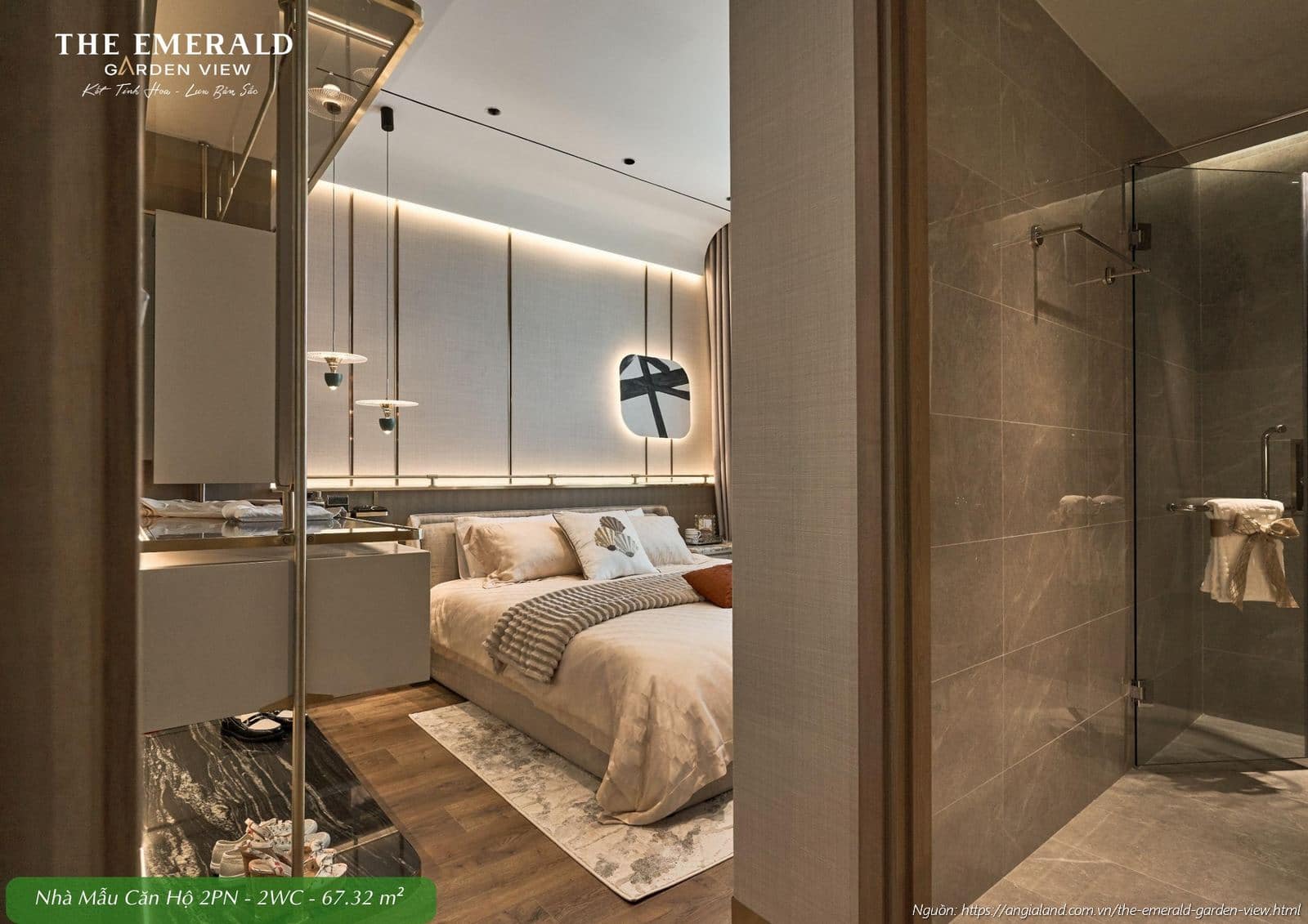 Phòng ngủ chính (Master) sang trọng nhà mẫu căn hộ 2 phòng ngủ diện tích 67.32m2 The Emerald Garden View