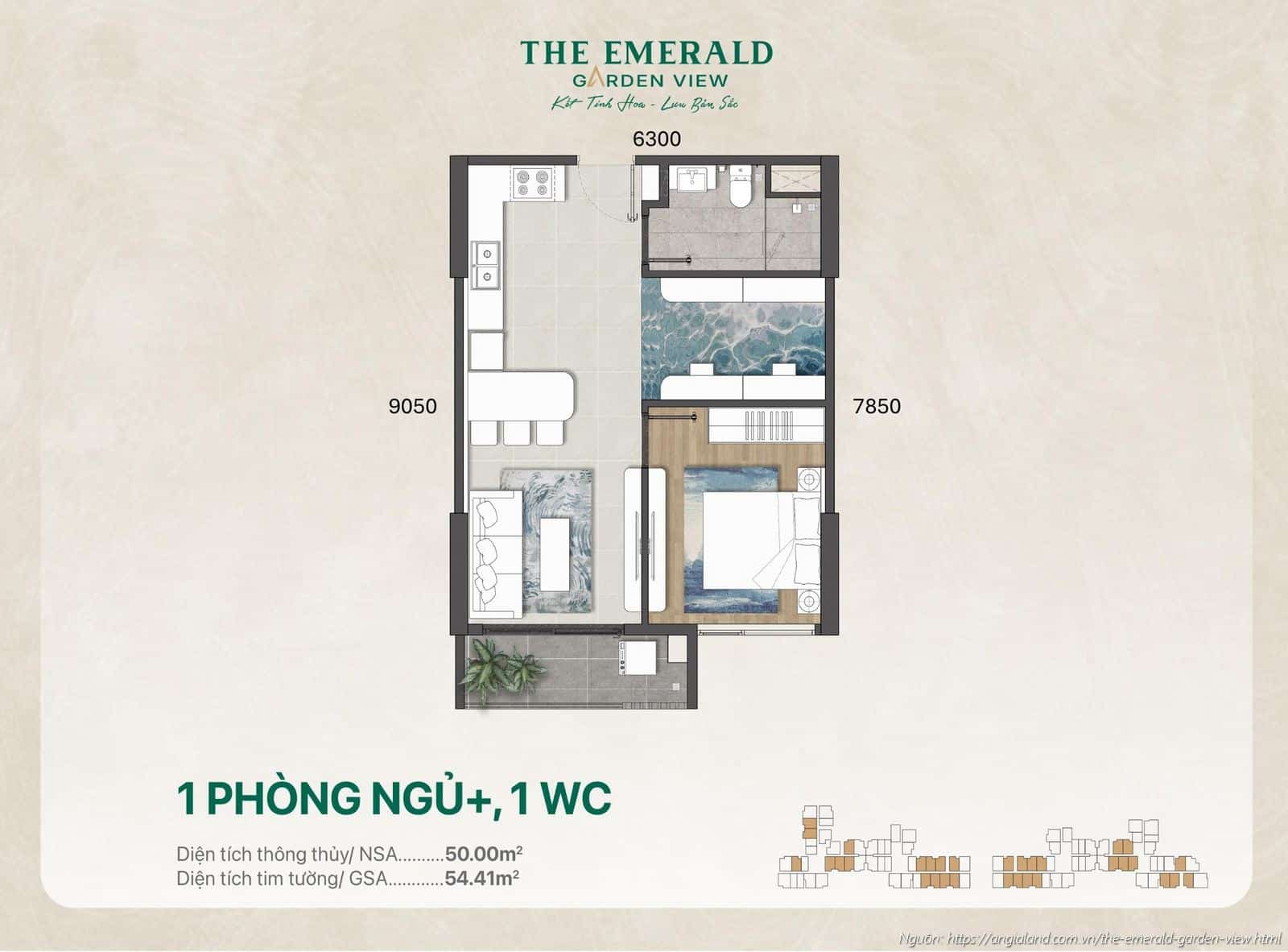Thiết kế nhà mẫu căn hộ 1 Phòng ngủ (+) diện tích tim tường 54.41 m² dự án The Emerald Garden View