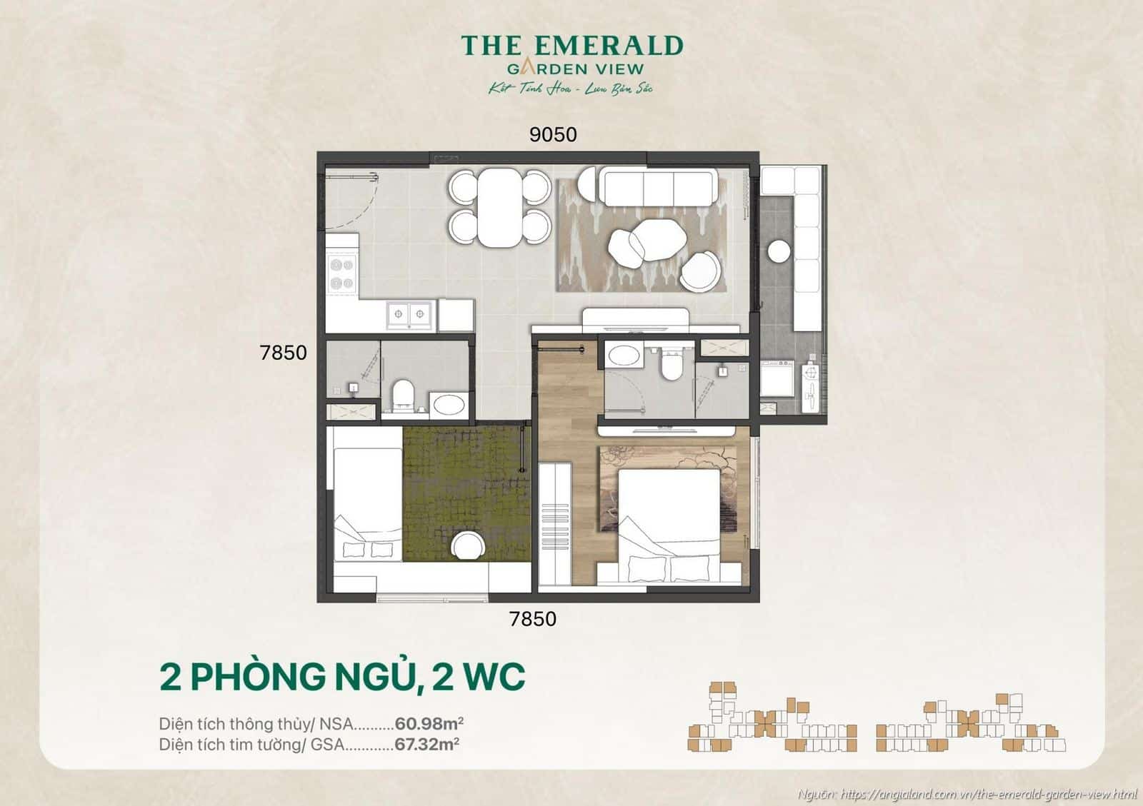 Thiết kế nhà mẫu căn hộ 2 Phòng ngủ diện tích tim tường 67.32 m² dự án The Emerald Garden View