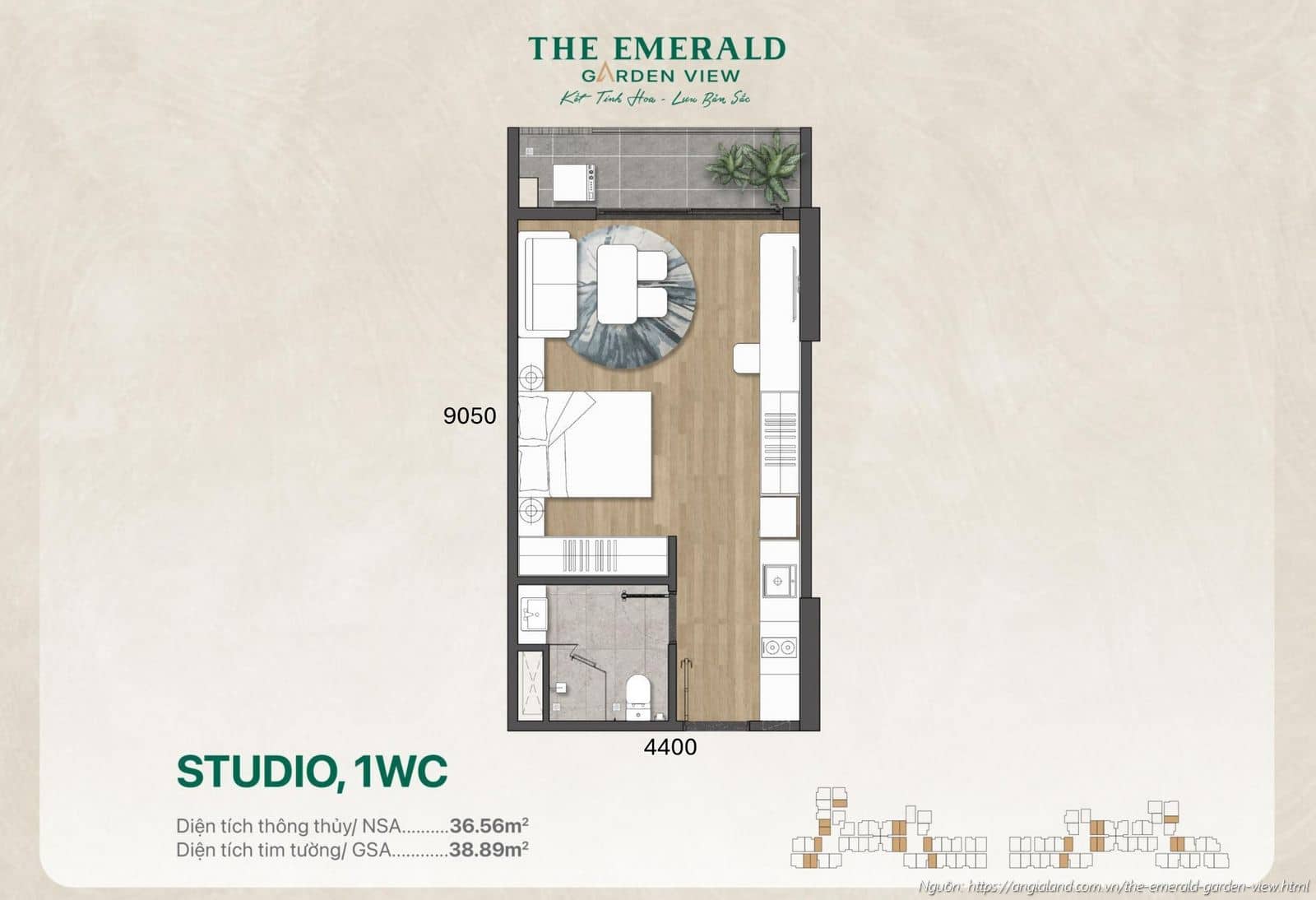 Thiết kế nhà mẫu căn hộ Studio diện tích tim tường 38.89 m² dự án The Emerald Garden View